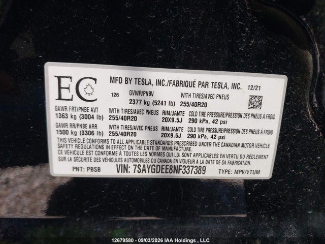 2022 Tesla Model Y Long Range მანქანა იყიდება აუქციონზე, vin: 7SAYGDEE8NF337389, აუქციონის ნომერი: 12679580
