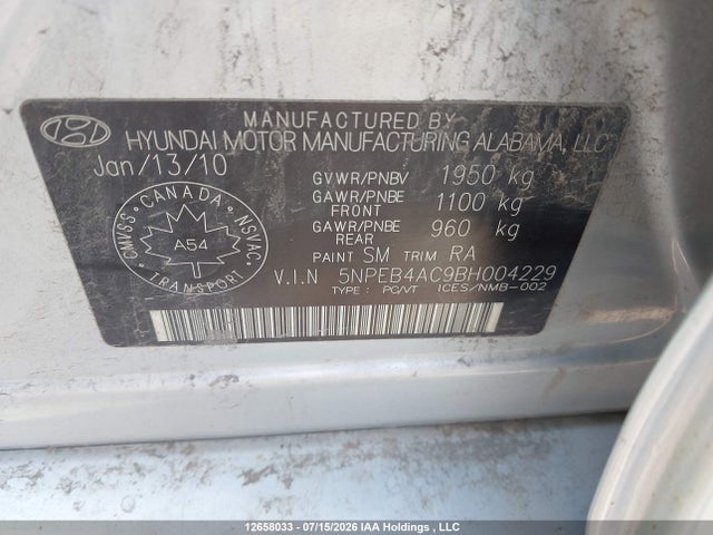 12658033 :رقم المزاد ، 5NPEB4AC9BH004229 vin ، 2011 Hyundai Sonata Gl مزاد بيع