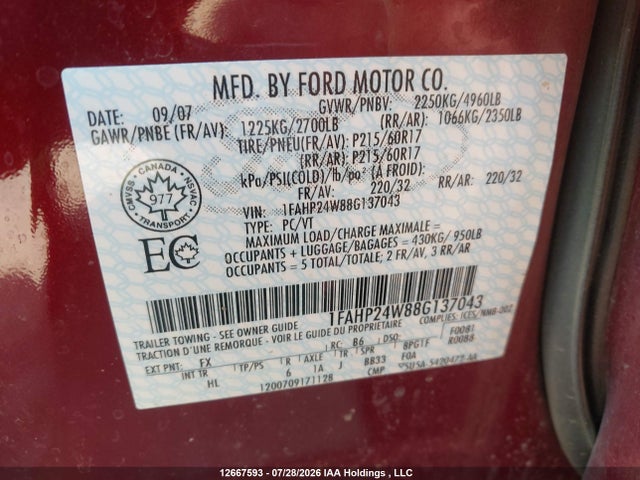 12667593 :رقم المزاد ، 1FAHP24W88G137043 vin ، 2008 Ford Taurus Sel مزاد بيع
