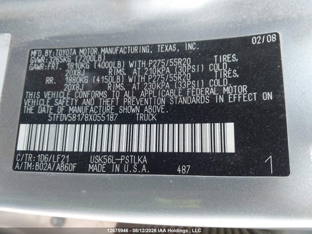 12675946 :رقم المزاد ، 5TFDV58178X055187 vin ، 2008 Toyota Tundra Limited 5.7l V8 مزاد بيع