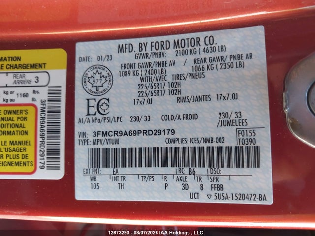 2023 Ford Bronco Sport მანქანა იყიდება აუქციონზე, vin: 3FMCR9A69PRD29179, აუქციონის ნომერი: 12673293