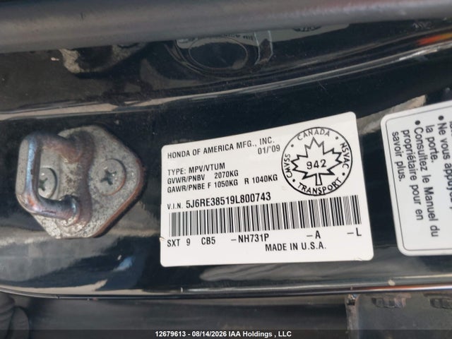 Продаж на аукціоні авто 2009 Honda Cr-v Ex, vin: 5J6RE38519L800743, номер лоту: 12679613