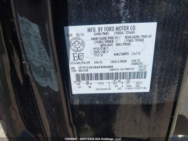 12665947 :رقم المزاد ، 1FTFX1EV5AFB50409 vin ، 2010 Ford F-150 Fx4/lariat/svt Raptor/xl/xl W/midbox Prep/xlt/xlt W/midbox Prep مزاد بيع