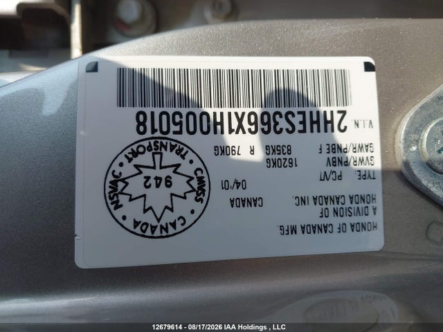 2001 Acura 1.7el Touring მანქანა იყიდება აუქციონზე, vin: 2HHES366X1H005018, აუქციონის ნომერი: 12679614