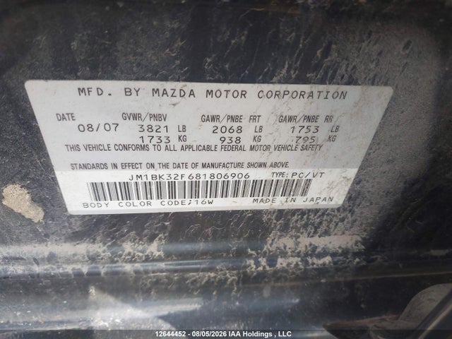 Aukcja sprzedaży 2008 Mazda 3 I, vin: JM1BK32F681806906, numer aukcji: 12644452