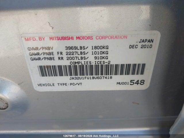 Aukcja sprzedaży 2011 Mitsubishi Lancer De, vin: JA32U1FU1BU607418, numer aukcji: 12679617