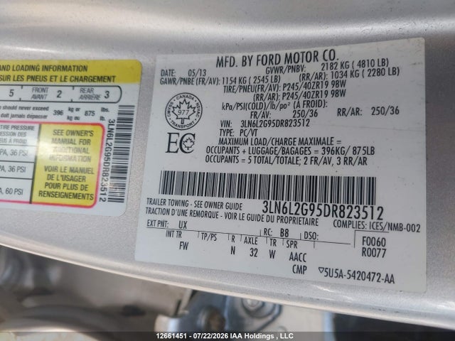 12661451 :رقم المزاد ، 3LN6L2G95DR823512 vin ، 2013 Lincoln Mkz مزاد بيع