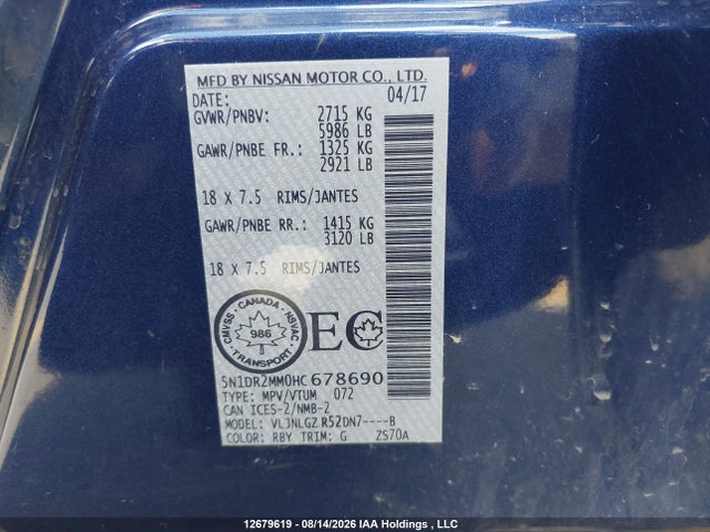 5N1DR2MM0HC678690 Nissan Pathfinder S/sv/sl/platinum