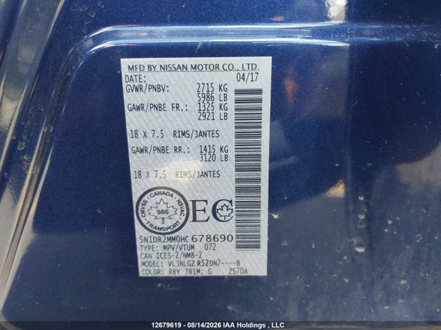 5N1DR2MM0HC678690 Nissan Pathfinder S/sv/sl/platinum