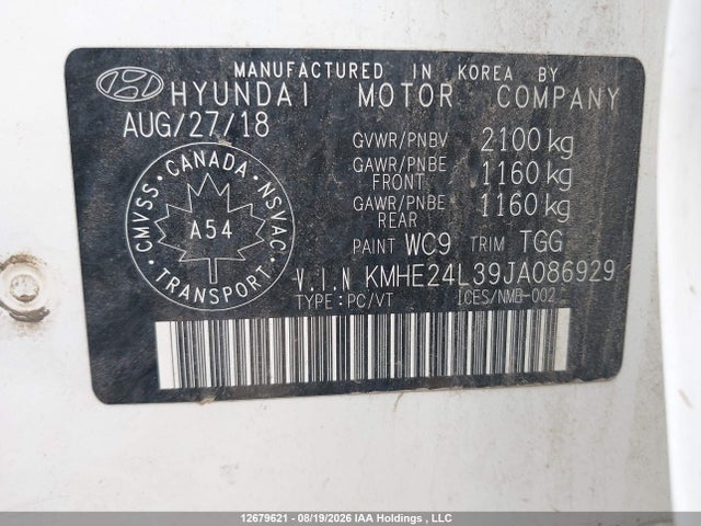 12679621 :رقم المزاد ، KMHE24L39JA086929 vin ، 2018 Hyundai Sonata Hybrid Gl مزاد بيع