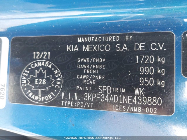 Продажа на аукционе авто 2022 Kia Forte Ex/ex Premium/ex+/gt-line, vin: 3KPF34AD1NE439880, номер лота: 12679626