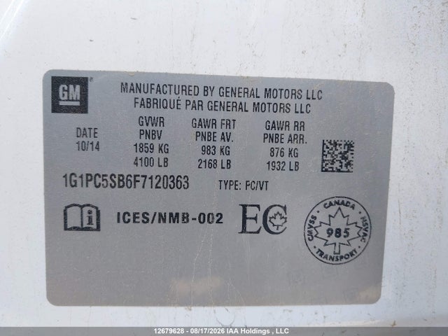 1G1PC5SB6F7120363 Chevrolet Cruze 1lt