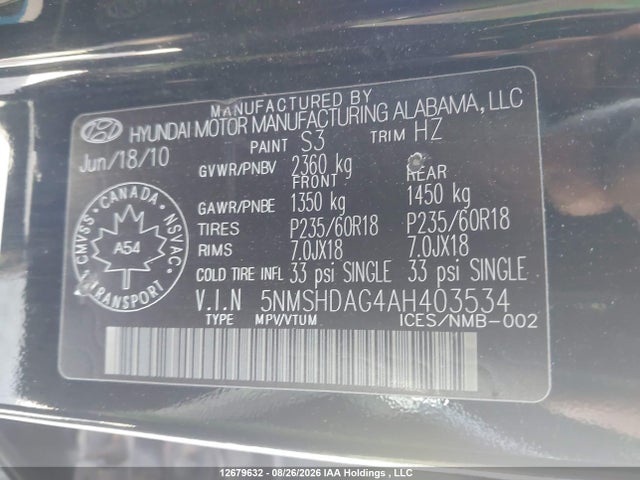 Aukcja sprzedaży 2010 Hyundai Santa Fe Se, vin: 5NMSHDAG4AH403534, numer aukcji: 12679632