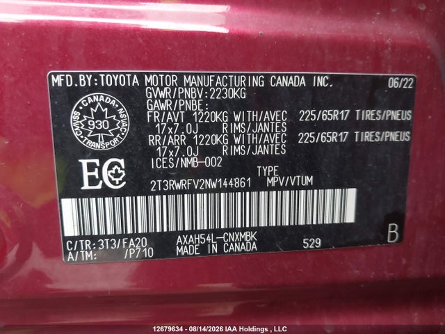 Auction sale of the 2022 Toyota Rav4 Hybrid Xle, vin: 2T3RWRFV2NW144861, lot number: 12679634