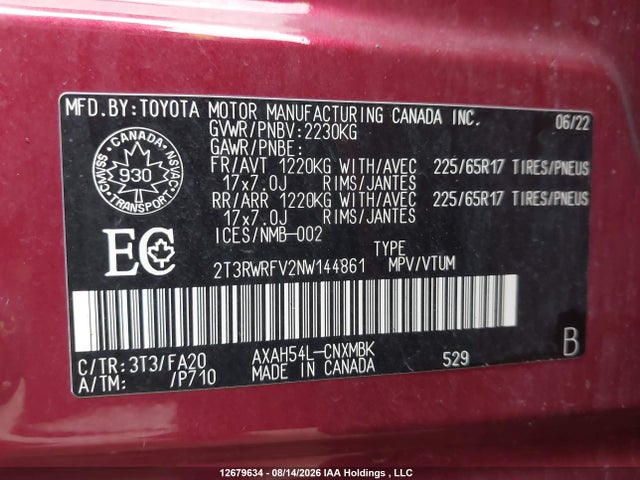 Auction sale of the 2022 Toyota Rav4 Hybrid Xle, vin: 2T3RWRFV2NW144861, lot number: 12679634