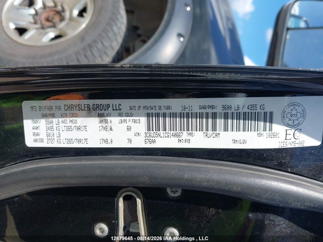 12679645 :رقم المزاد ، 3C6UD5NL1CG140667 vin ، 2012 Ram 2500 Laramie مزاد بيع