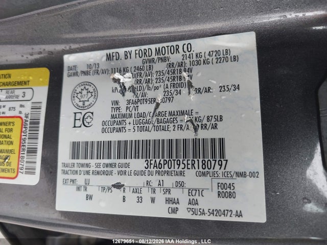 12679651 :رقم المزاد ، 3FA6P0T95ER180797 vin ، 2014 Ford Fusion Se مزاد بيع