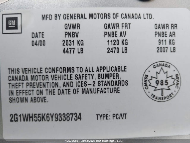 Aukcja sprzedaży 2000 Chevrolet Impala Ls, vin: 2G1WH55K6Y9338734, numer aukcji: 12679659