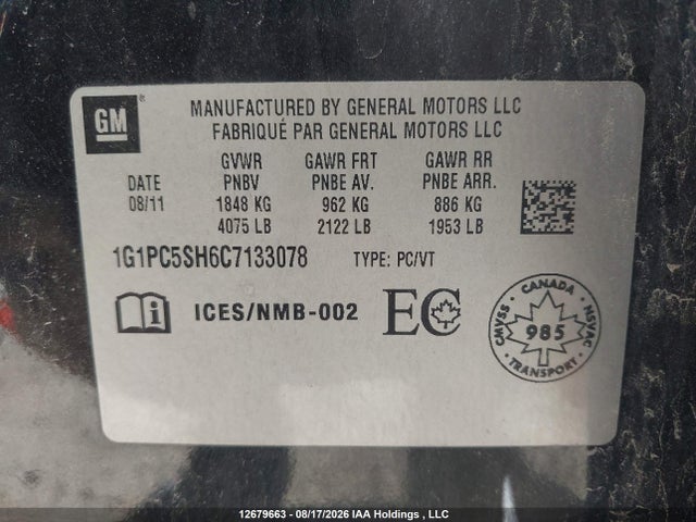 12679663 :رقم المزاد ، 1G1PC5SH6C7133078 vin ، 2012 Chevrolet Cruze Ls مزاد بيع