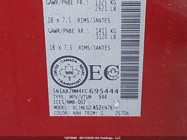 Nissan Pathfinder S/sv/sl/platinum 2015 5N1AR2MM4FC695444 Image 9
