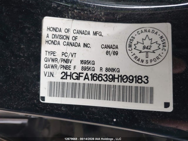 Aukcja sprzedaży 2009 Honda Civic Lx-s, vin: 2HGFA16639H109183, numer aukcji: 12679668