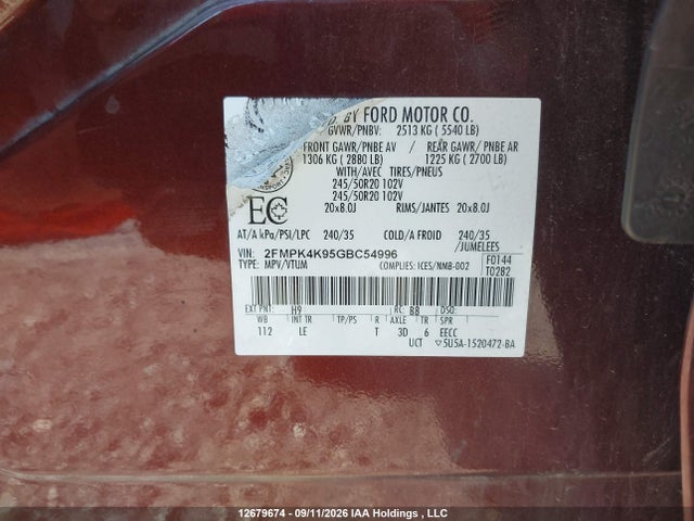 2016 Ford Edge Titanium მანქანა იყიდება აუქციონზე, vin: 2FMPK4K95GBC54996, აუქციონის ნომერი: 12679674