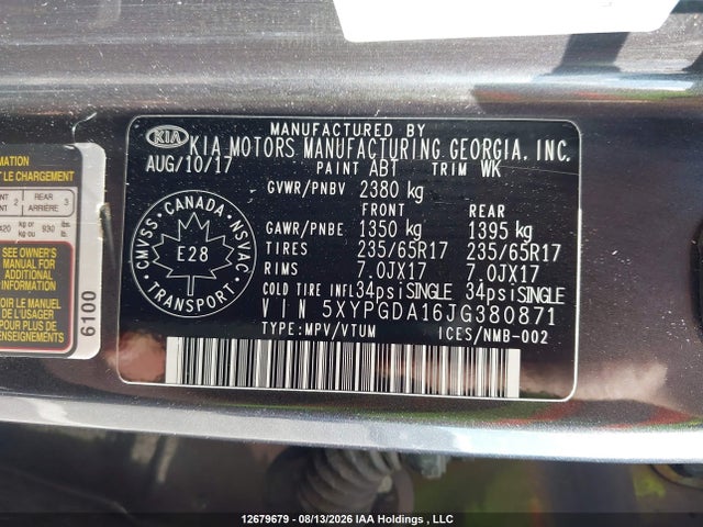 Продаж на аукціоні авто 2018 Kia Sorento 2.0l Lx, vin: 5XYPGDA16JG380871, номер лоту: 12679679