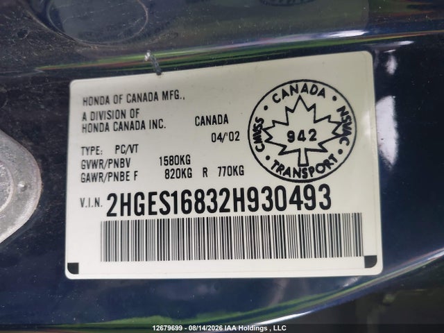 Aukcja sprzedaży 2002 Honda Civic Lx, vin: 2HGES16832H930493, numer aukcji: 12679699