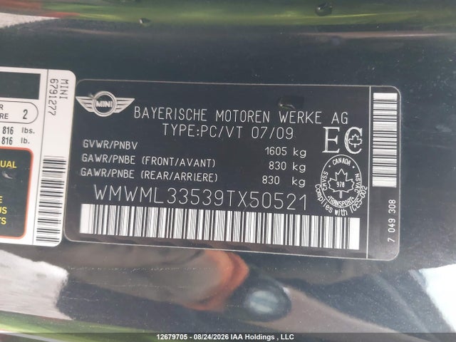 12679705 :رقم المزاد ، WMWML33539TX50521 vin ، 2009 Mini Cooper مزاد بيع