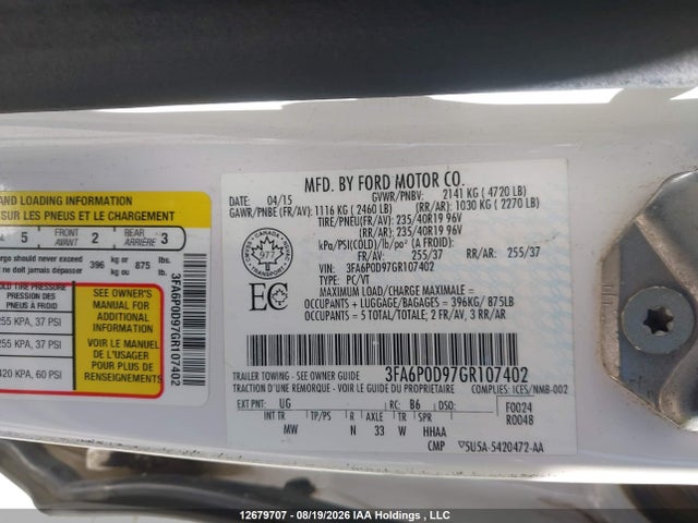 Продаж на аукціоні авто 2016 Ford Fusion Titanium, vin: 3FA6P0D97GR107402, номер лоту: 12679707