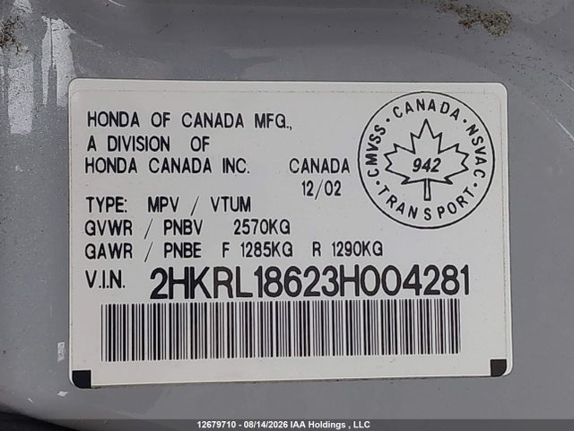 12679710 :رقم المزاد ، 2HKRL18623H004281 vin ، 2003 Honda Odyssey مزاد بيع