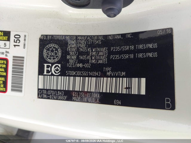 Продаж на аукціоні авто 2016 Toyota Sienna Xle/limited, vin: 5TDDK3DC5GS140943, номер лоту: 12679715