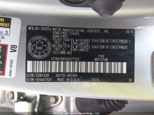 4T3BA3BB5GU077135 Toyota Venza Base V6