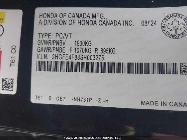 2HGFE4F88SH003275 Honda Civic Sport Hybrid/sport Touring Hybrid