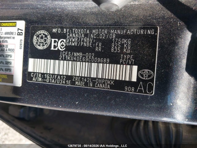 2009 Toyota Matrix მანქანა იყიდება აუქციონზე, vin: 2T1KU40E69C009689, აუქციონის ნომერი: 12679735
