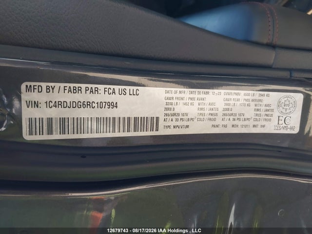 Aukcja sprzedaży 2024 Dodge Durango Gt Plus, vin: 1C4RDJDG6RC107994, numer aukcji: 12679743