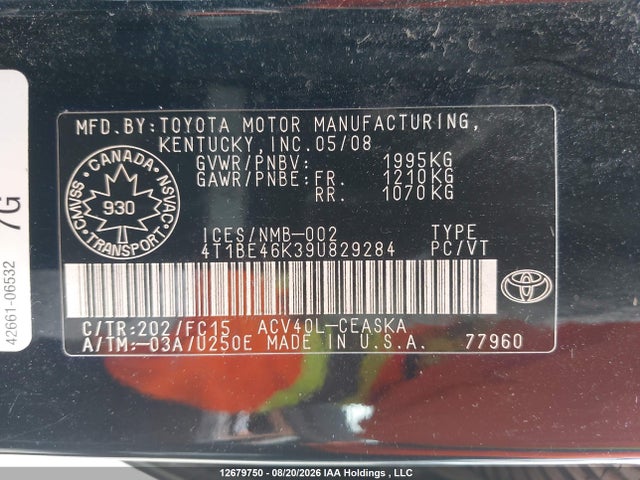 2009 Toyota Camry Se მანქანა იყიდება აუქციონზე, vin: 4T1BE46K39U829284, აუქციონის ნომერი: 12679750