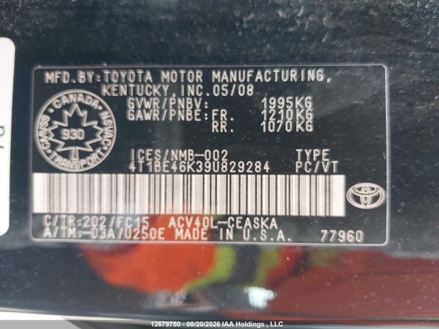 2009 Toyota Camry Se მანქანა იყიდება აუქციონზე, vin: 4T1BE46K39U829284, აუქციონის ნომერი: 12679750