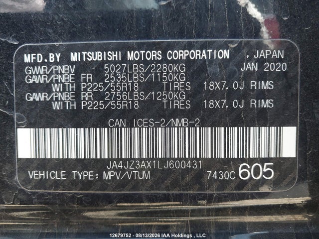 2020 Mitsubishi Outlander Limited Edition/se/sel მანქანა იყიდება აუქციონზე, vin: JA4JZ3AX1LJ600431, აუქციონის ნომერი: 12679752