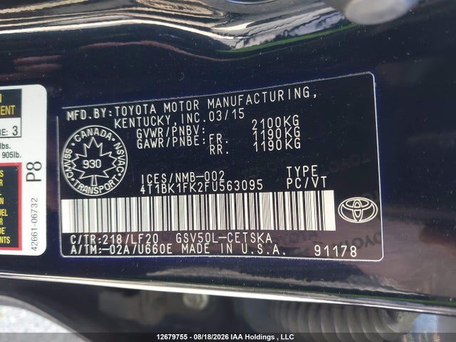 2015 Toyota Camry Xse V6 მანქანა იყიდება აუქციონზე, vin: 4T1BK1FK2FU563095, აუქციონის ნომერი: 12679755