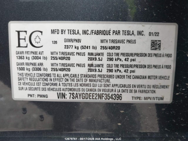 7SAYGDEE2NF354396 Tesla Model Y Long Range