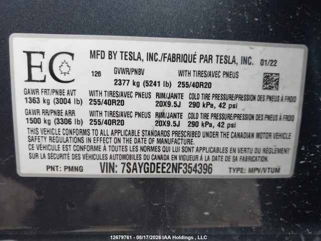 7SAYGDEE2NF354396 Tesla Model Y Long Range