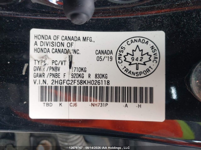 Honda Civic Lx 2019 2HGFC2F58KH026118 Image 19