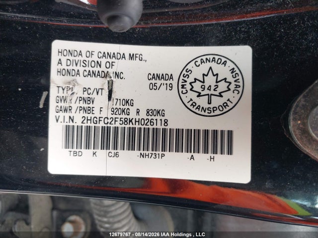 Honda Civic Lx 2019 2HGFC2F58KH026118 Image 9