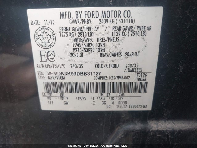 Aukcja sprzedaży 2013 Ford Edge, vin: 2FMDK3K99DBB31727, numer aukcji: 12679775