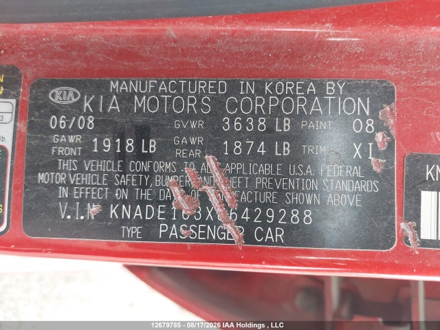 12679785 :رقم المزاد ، KNADE163X86429288 vin ، 2008 Kia Rio5 Sx مزاد بيع