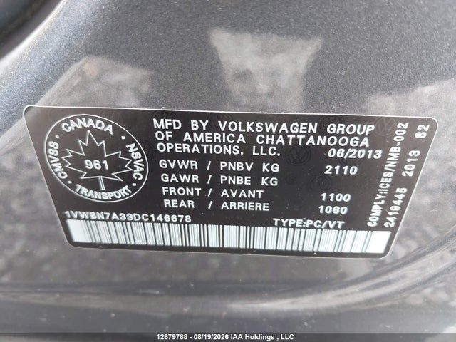 Aukcja sprzedaży 2013 Volkswagen Passat 2.0 Tdi Comfortline, vin: 1VWBN7A33DC146678, numer aukcji: 12679788