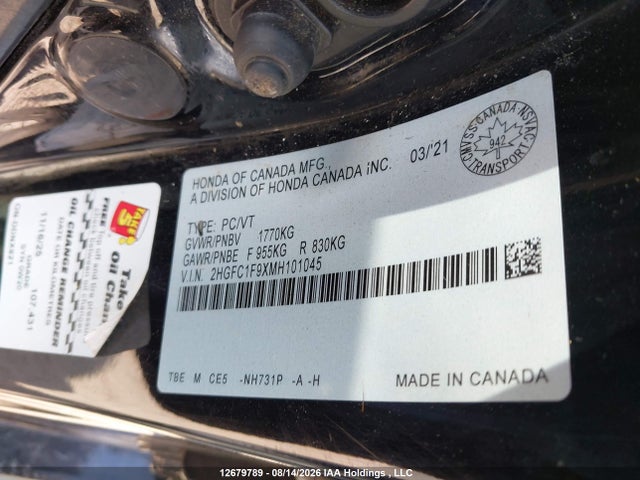 Honda Civic Touring 2021 2HGFC1F9XMH101045 Image 9
