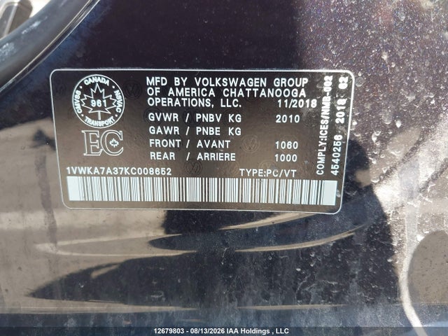 Продажа на аукционе авто 2019 Volkswagen Passat Wolfsburg Edition, vin: 1VWKA7A37KC008652, номер лота: 12679803
