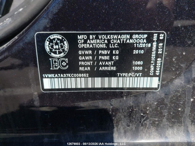 Продажа на аукционе авто 2019 Volkswagen Passat Wolfsburg Edition, vin: 1VWKA7A37KC008652, номер лота: 12679803